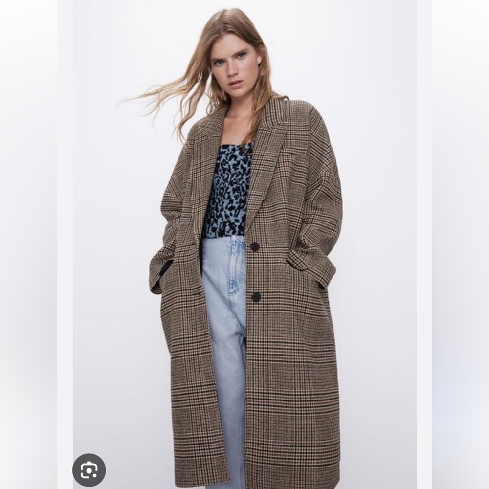 Zara Women's Checkered Plaid Houndstooth Coat Black Brown Fall Winter